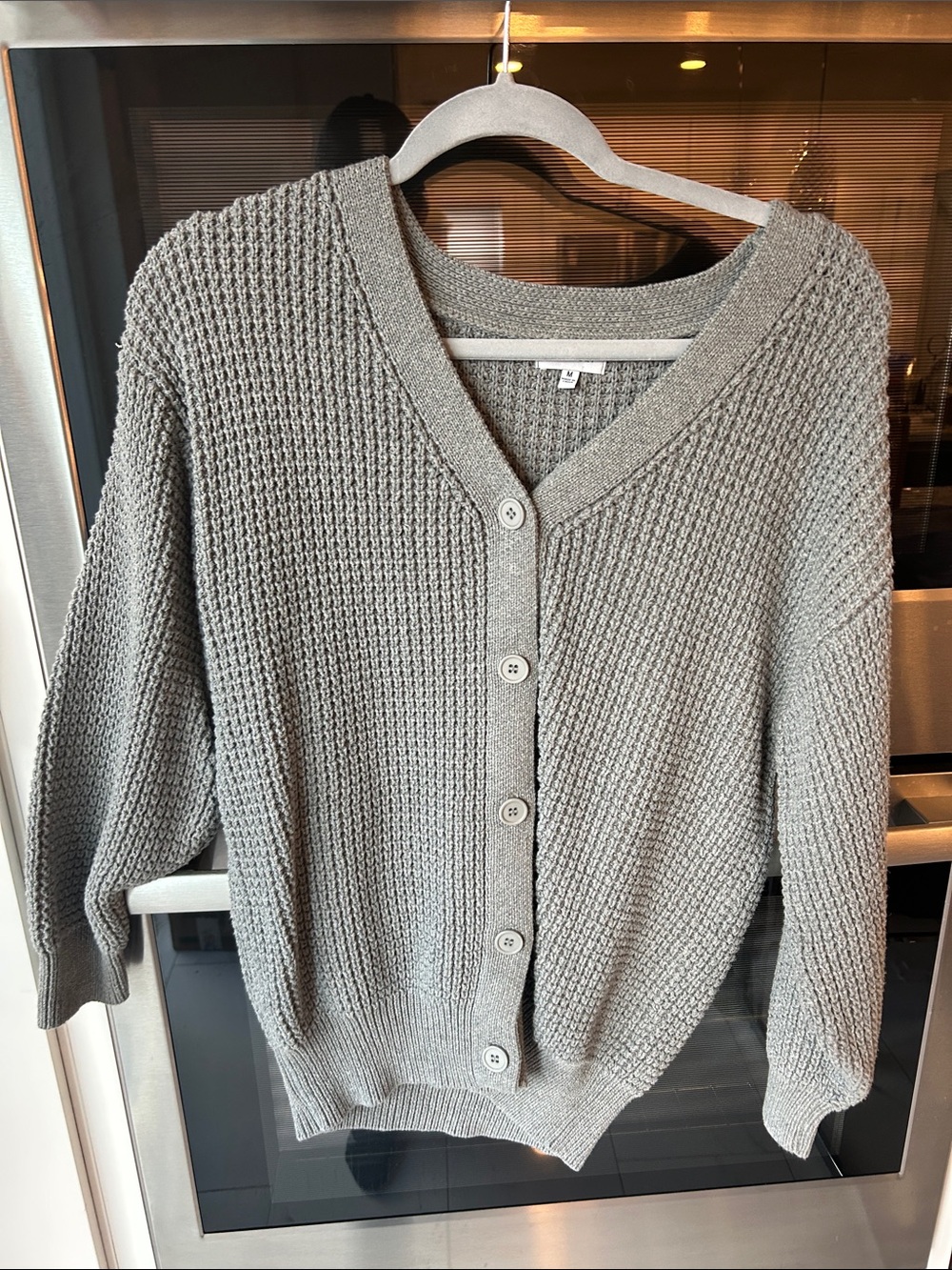 Waffle-Knit V-Neck Button Cardigan - Gray